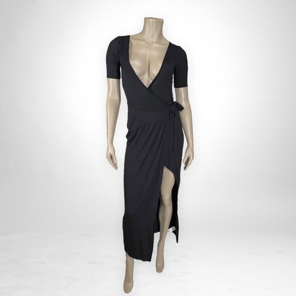 ECOTE XS Black Wrap Midi Dress Vacation Short Sleeve‎